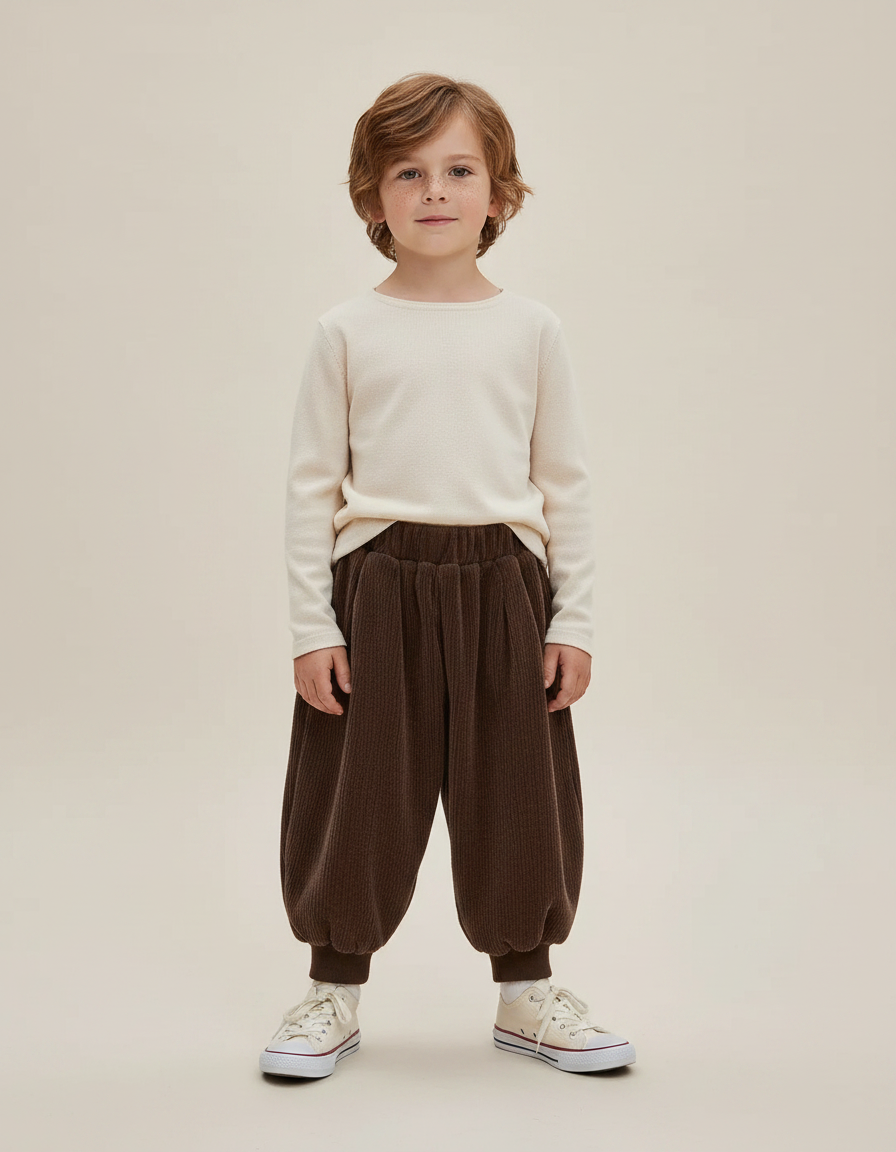 Pantalon Marron Côtelé Hiver Ample Décontracté Enfant - Cordé