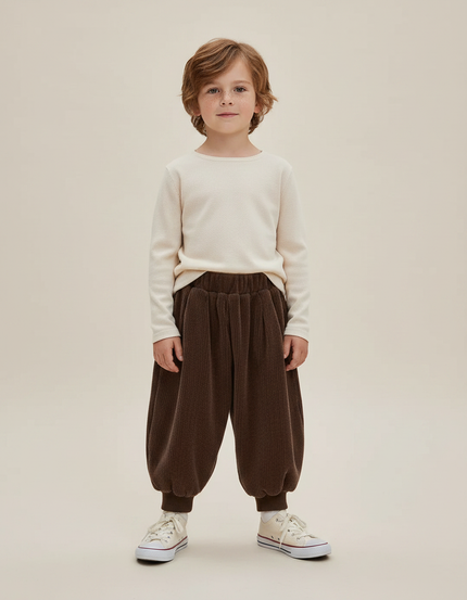 Pantalon Marron Côtelé Hiver Ample Décontracté Enfant - Cordé