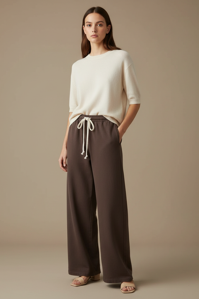 Pantalon Marron Ample Coton Cordon Décontracté Femme - Molleton