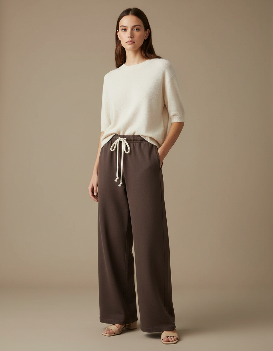Pantalon Marron Ample Coton Cordon Décontracté Femme - Molleton