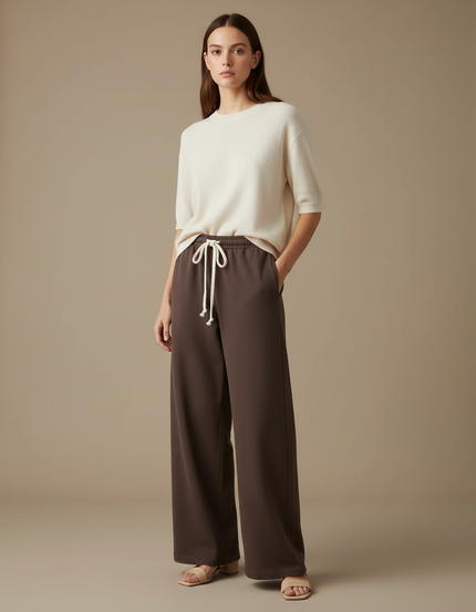 Pantalon Marron Ample Coton Cordon Décontracté Femme - Molleton