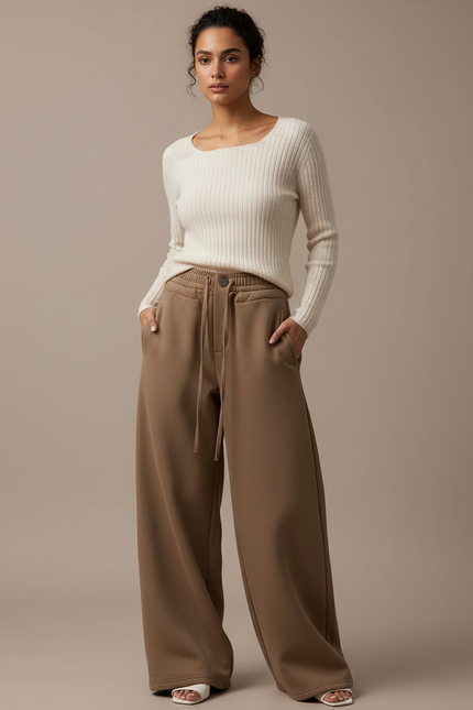 Pantalon Marron Ample Droit Taille Haute Décontracté Femme - Molleton