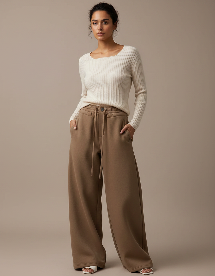 Pantalon Marron Ample Droit Taille Haute Décontracté Femme - Molleton