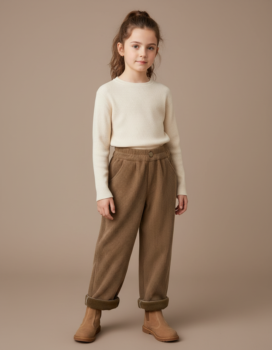 Pantalon Marron Côtelé Velours Ample Décontracté Enfant - Cordé