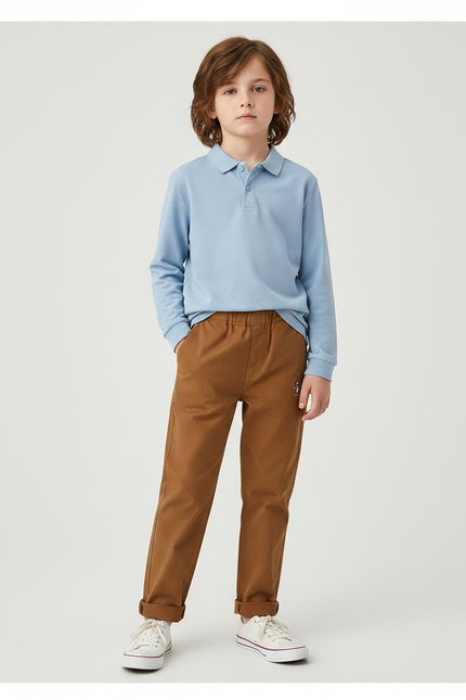 Pantalon Marron Enfant Décontracté Brodé Confortable - Coton