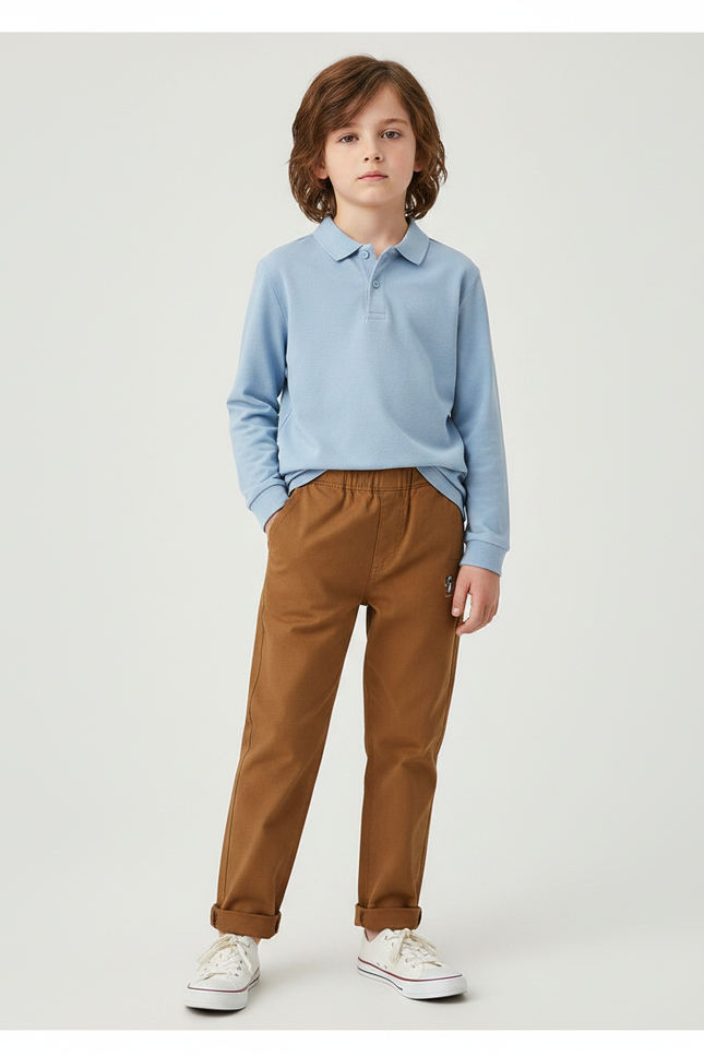 Pantalon Marron Enfant Décontracté Brodé Confortable - Coton
