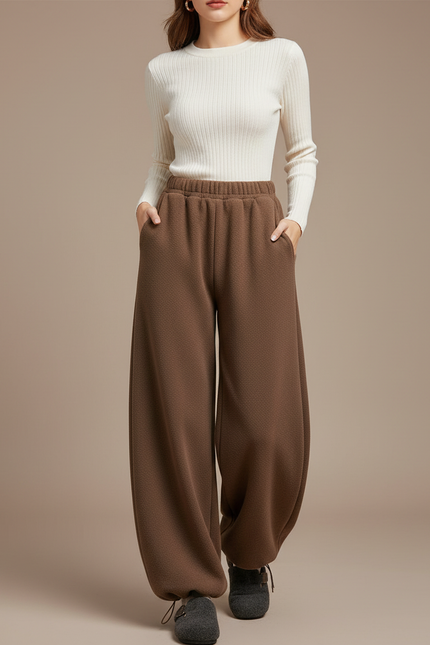 Pantalon Marron Ample Confortable Chaud Texturé Décontracté - Molleton