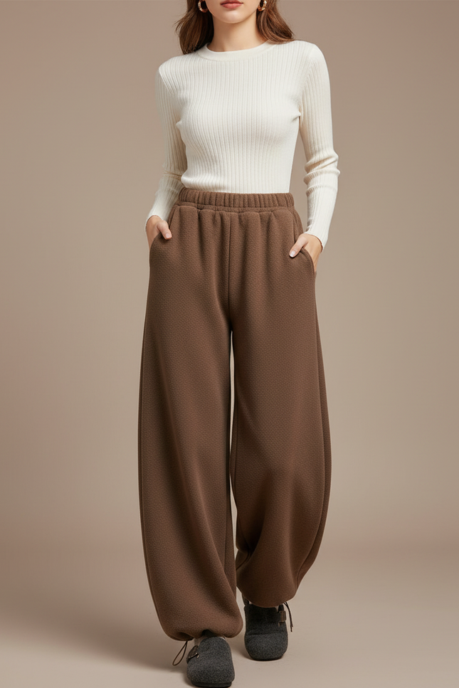 Pantalon Marron Ample Confortable Chaud Texturé Décontracté - Molleton