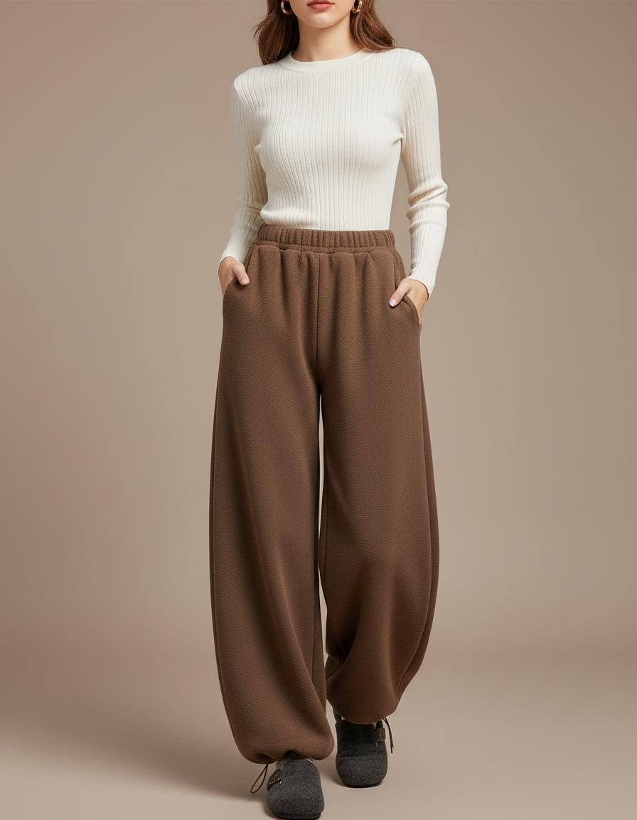 Pantalon Marron Ample Confortable Chaud Texturé Décontracté - Molleton