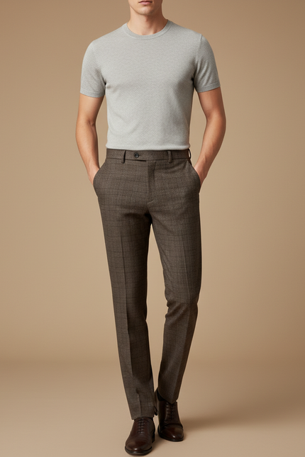 Pantalon Marron À Carreaux Coupe Droite Homme Élégant - Laine