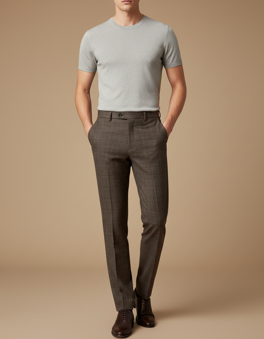 Pantalon Marron À Carreaux Coupe Droite Homme Élégant - Laine