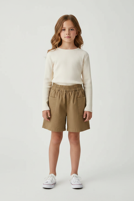 Pantalon Marron Ample Coton Enfant Décontracté Poches - Kaki