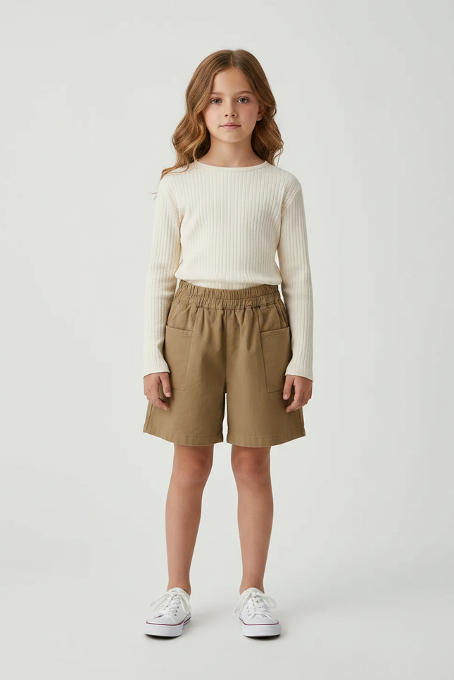 Pantalon Marron Ample Coton Enfant Décontracté Poches - Kaki