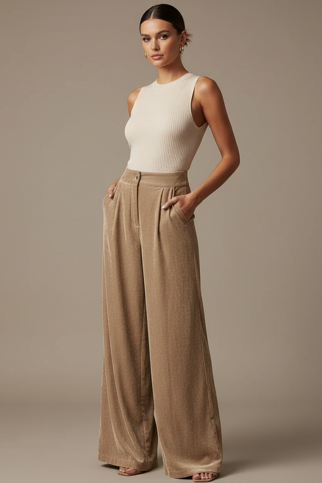 Pantalon Marron Velours Ample Plissé Élégant Femme - Camel