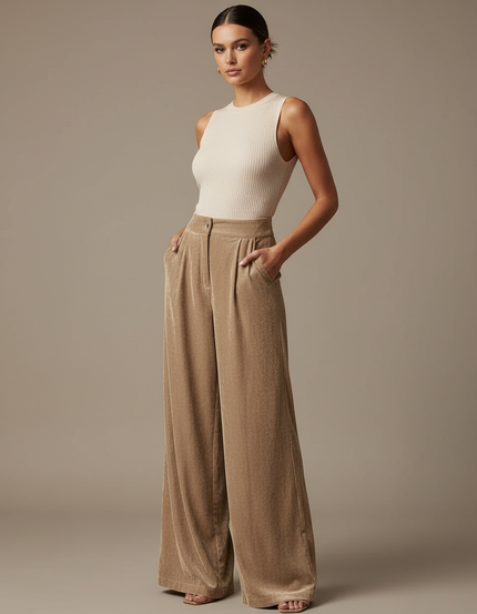 Pantalon Marron Velours Ample Plissé Élégant Femme - Camel