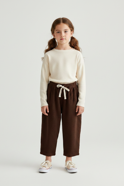 Pantalon Marron Côtelé Enfant Ample Décontracté Poches - Cordé