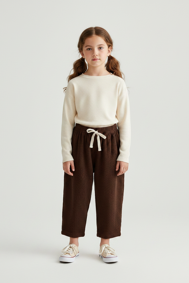Pantalon Marron Côtelé Enfant Ample Décontracté Poches - Cordé