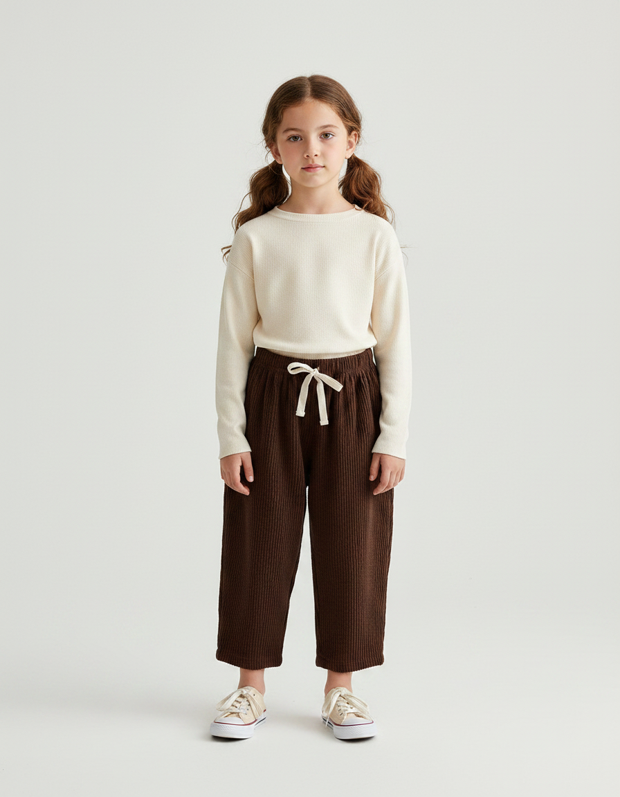 Pantalon Marron Côtelé Enfant Ample Décontracté Poches - Cordé