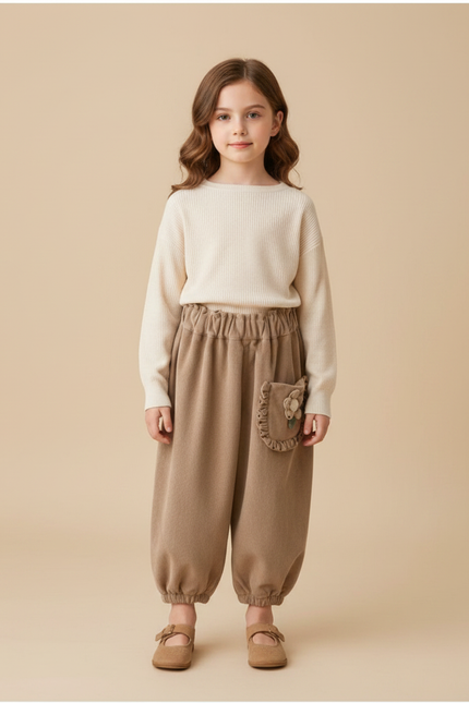 Pantalon Marron Côtelé Lanterne Fleur Enfant Fille - Camel Cordé
