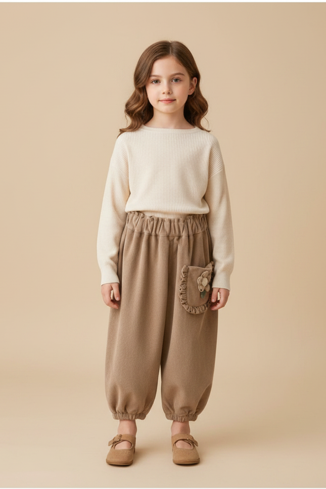 Pantalon Marron Côtelé Lanterne Fleur Enfant Fille - Camel Cordé