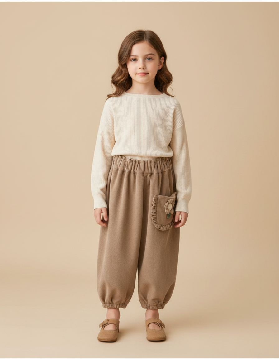 Pantalon Marron Côtelé Lanterne Fleur Enfant Fille - Camel Cordé