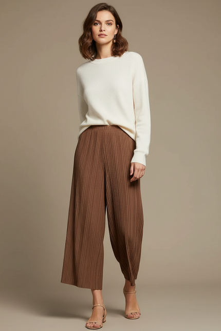 Pantalon Marron Plissé Ample Fluide Décontracté - Maille
