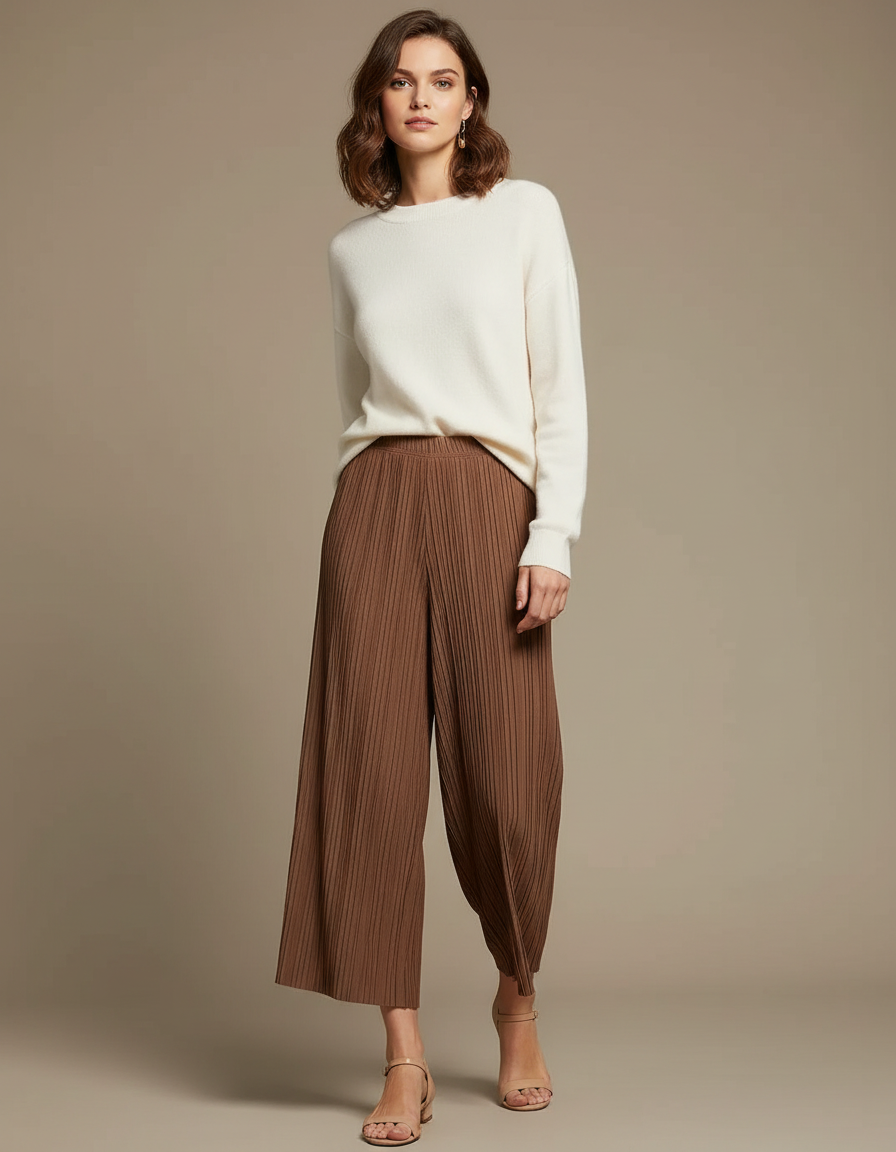 Pantalon Marron Plissé Ample Fluide Décontracté - Maille
