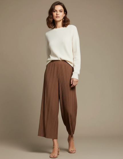 Pantalon Marron Plissé Ample Fluide Décontracté - Maille