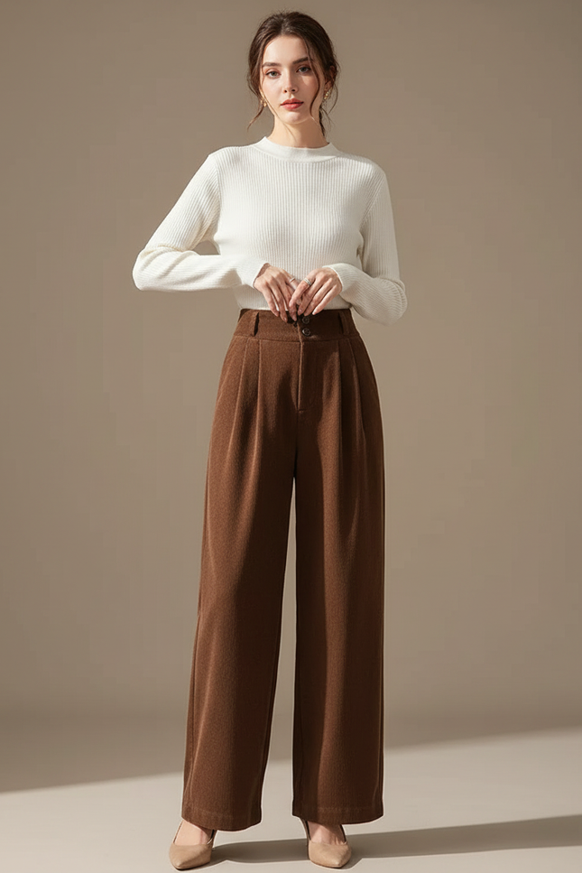 Pantalon Marron Velours Côtelé Ample Plissé Hiver - Cordé