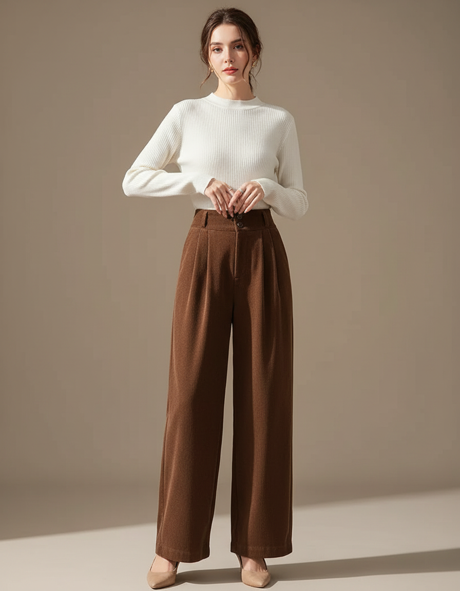 Pantalon Marron Velours Côtelé Ample Plissé Hiver - Cordé