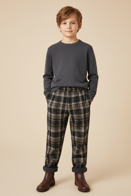 Pantalon Marron Plaid Droit Chaud Enfant - Tweed