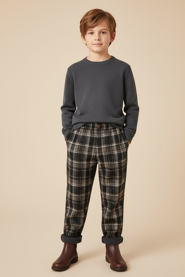 Pantalon Marron Plaid Droit Chaud Enfant - Tweed
