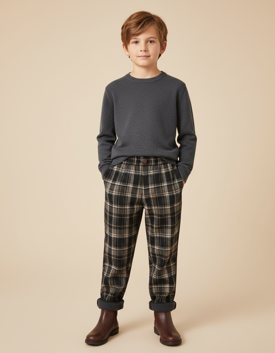 Pantalon Marron Plaid Droit Chaud Enfant - Tweed
