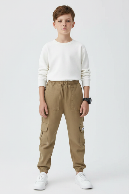 Pantalon Marron Cargo Coton Décontracté Garçon - Kaki