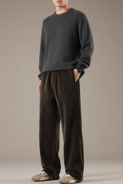 Pantalon Marron Côtelé Ample Décontracté Vintage - Cordé