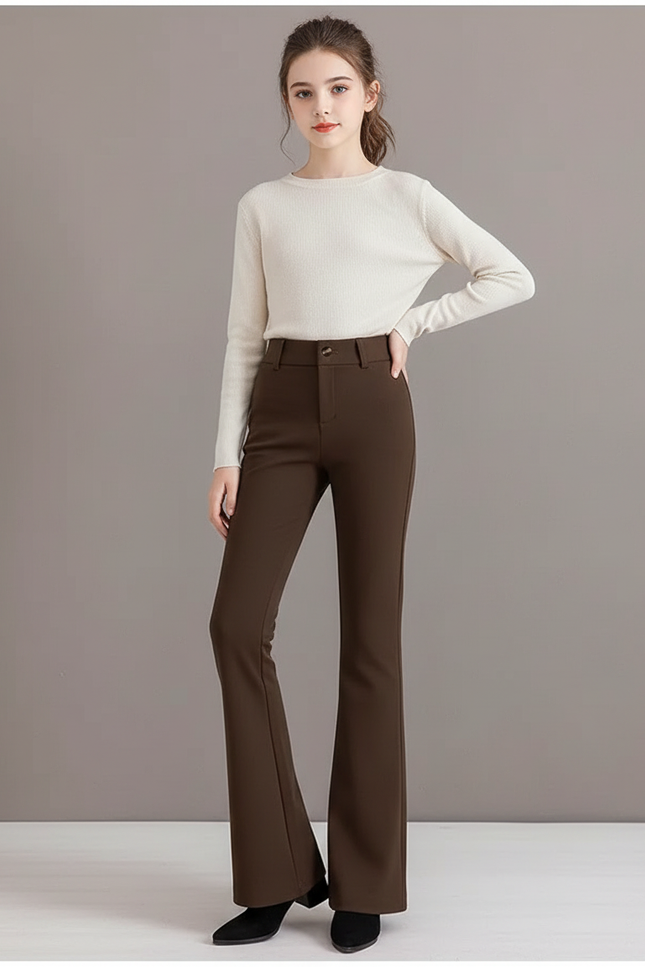 Pantalon Marron Évasé Taille Haute Élégant - Polyester