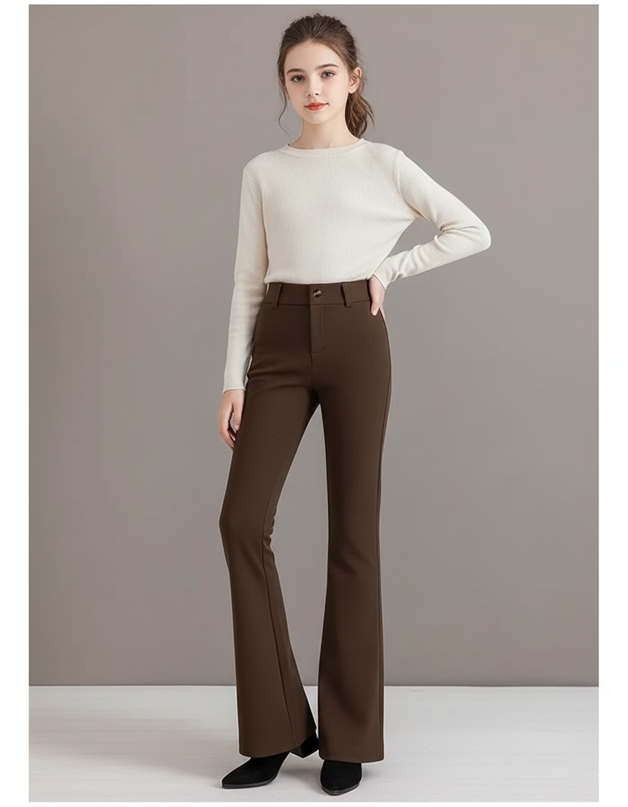 Pantalon Marron Évasé Taille Haute Élégant - Polyester