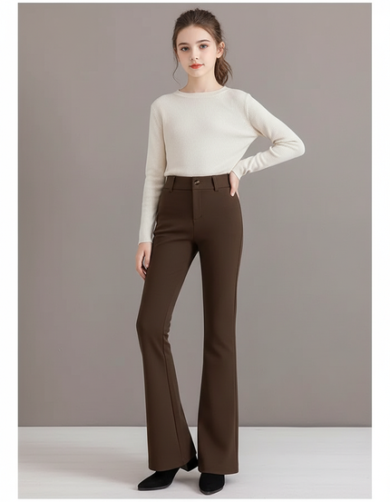 Pantalon Marron Évasé Taille Haute Élégant - Polyester