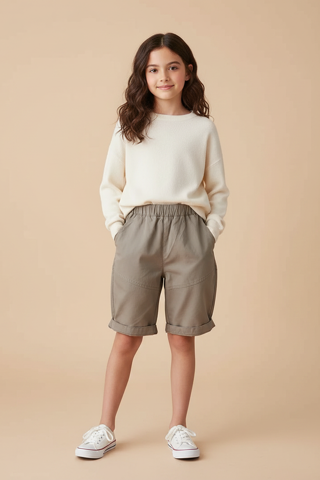 Pantalon Marron Enfant Décontracté Coton Ceinture Élastique - Kaki