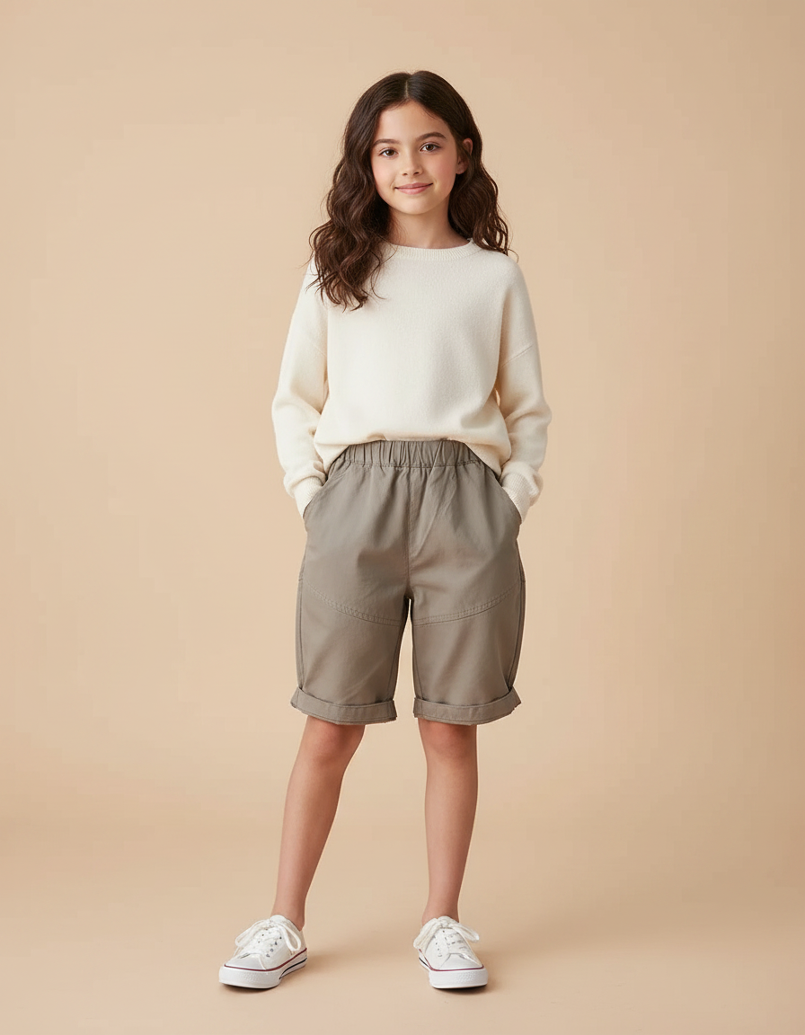 Pantalon Marron Enfant Décontracté Coton Ceinture Élastique - Kaki