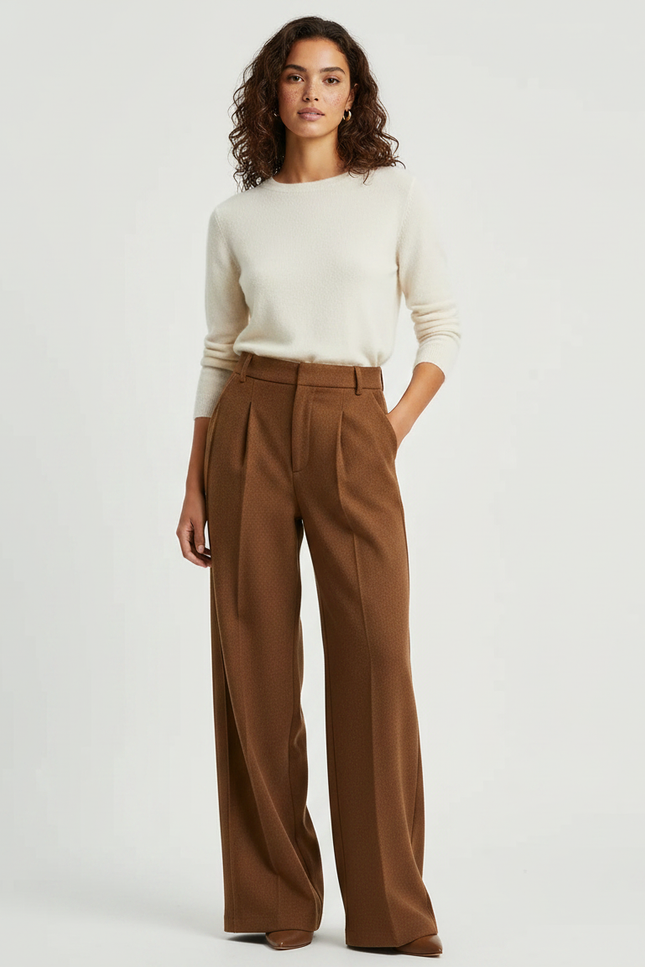 Pantalon Marron Ample Taille Haute Plissé Fluide Élégant - Laine