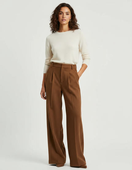 Pantalon Marron Ample Taille Haute Plissé Fluide Élégant - Laine