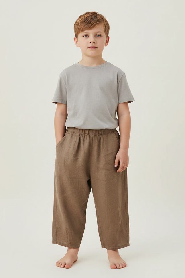 Pantalon Marron Lin Ample Décontracté Enfant