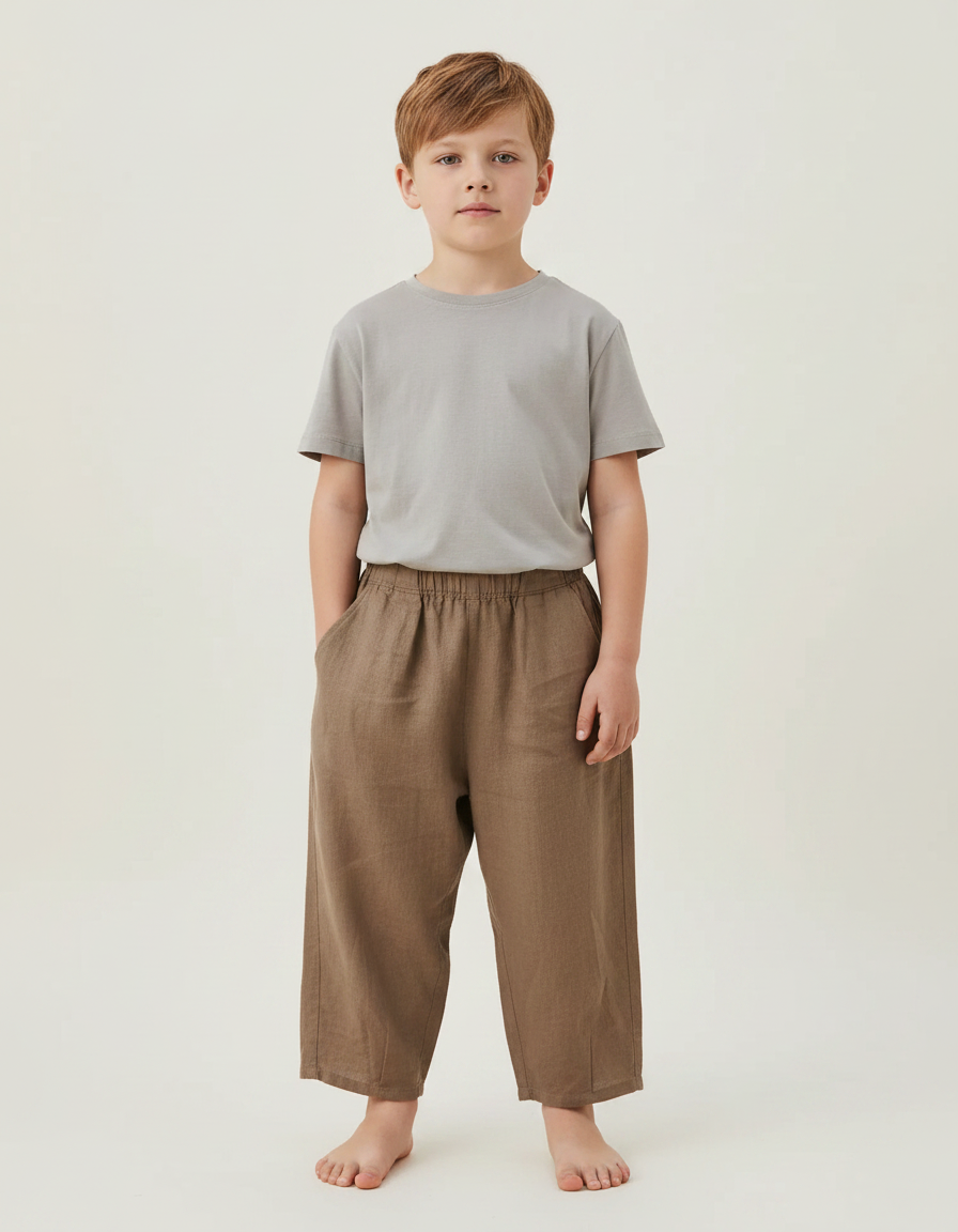 Pantalon Marron Lin Ample Décontracté Enfant