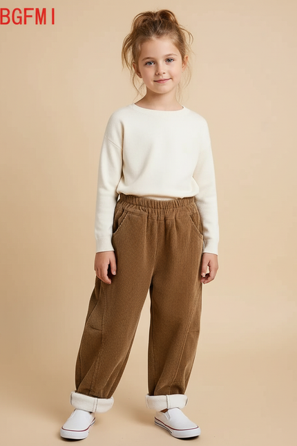 Pantalon Marron Côtelé Ample Doublé Polaire Enfant - Cordé