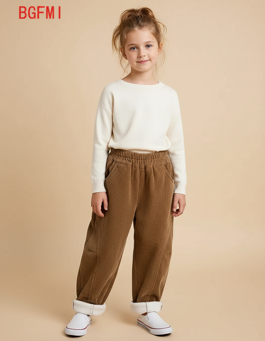 Pantalon Marron Côtelé Ample Doublé Polaire Enfant - Cordé