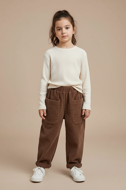 Pantalon Marron Côtelé Ample Décontracté Enfant Poches - Cordé
