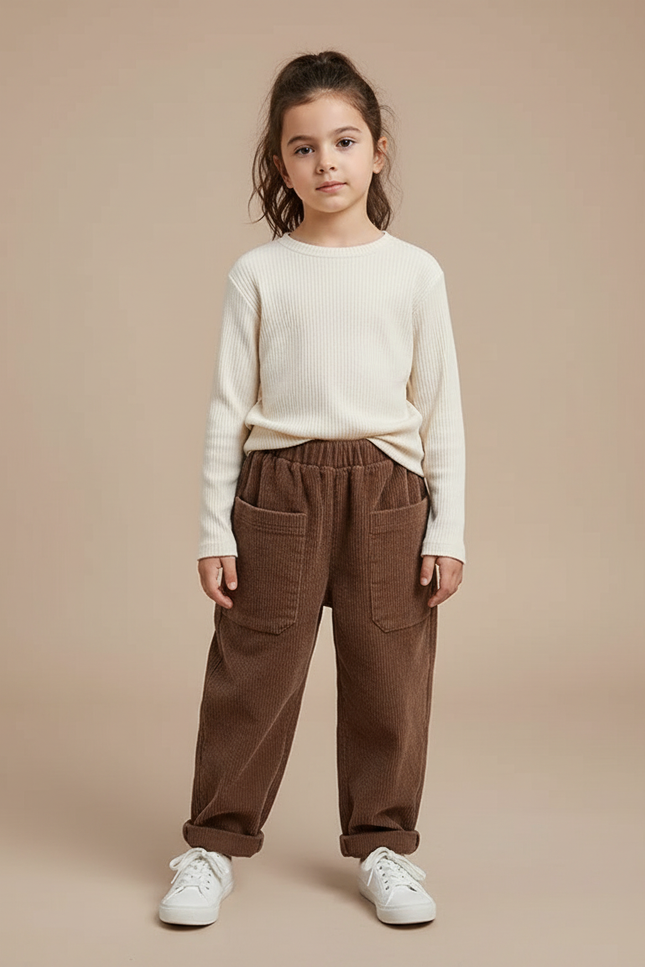 Pantalon Marron Côtelé Ample Décontracté Enfant Poches - Cordé