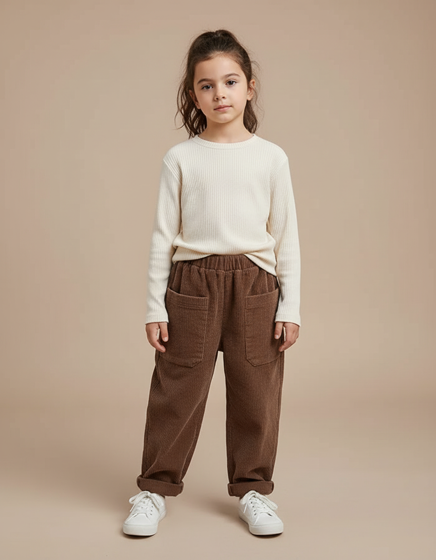 Pantalon Marron Côtelé Ample Décontracté Enfant Poches - Cordé