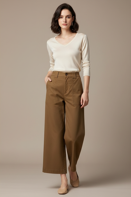 Pantalon Marron Large Coton Taille Haute Décontracté - Gabardine